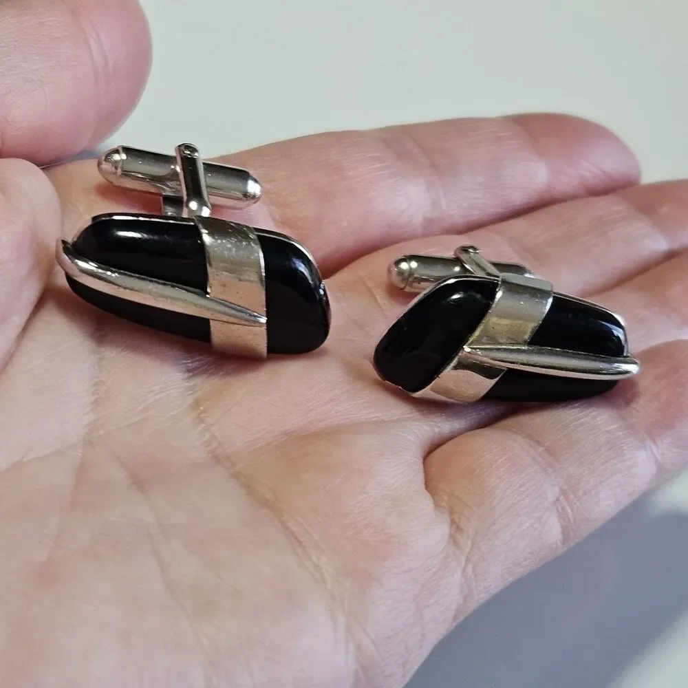 Vintage Anson Silver Tone Black Stone Cufflinks IOB